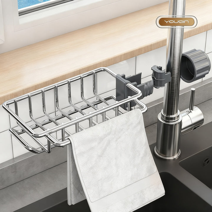 Stainless steel sink and faucet storage basket