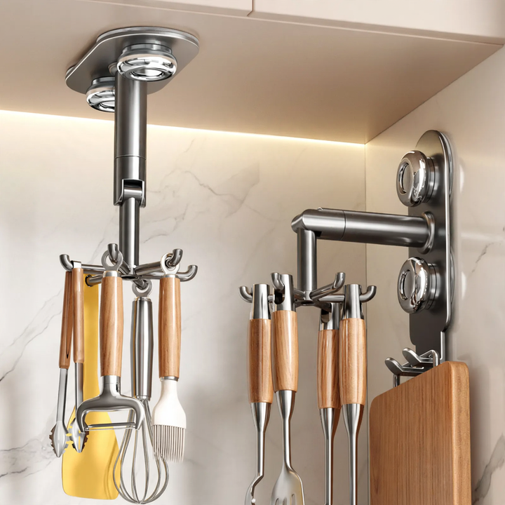 Rotating kitchen organizer, wall-mounted, 6 hooks, stainless steel