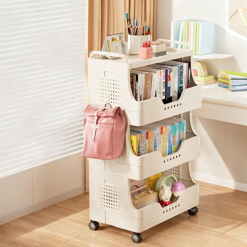 Plastic bookshelf with wheels, multilayered