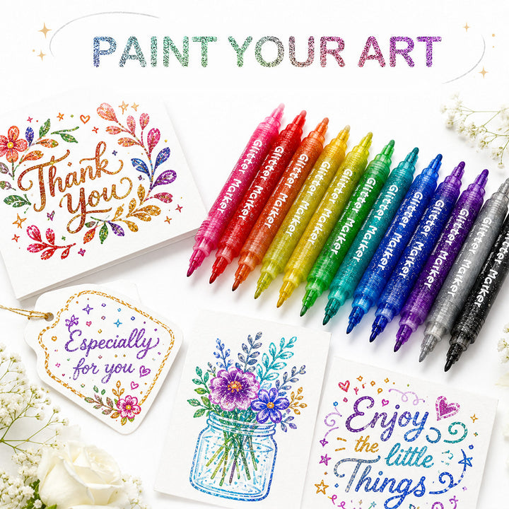 Double-headed marker with glitter effect
