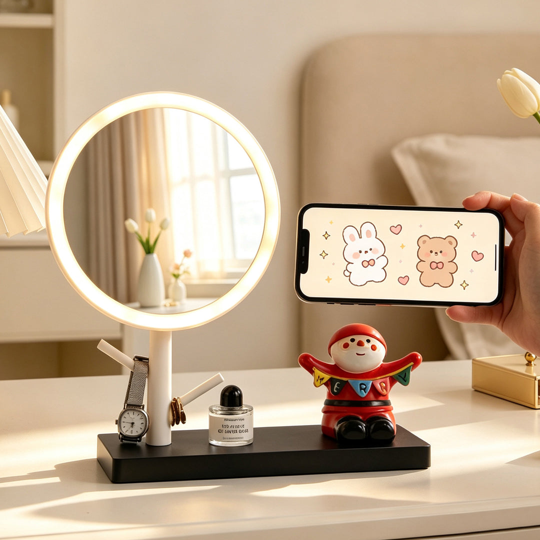 LED makeup mirror with smartphone holder