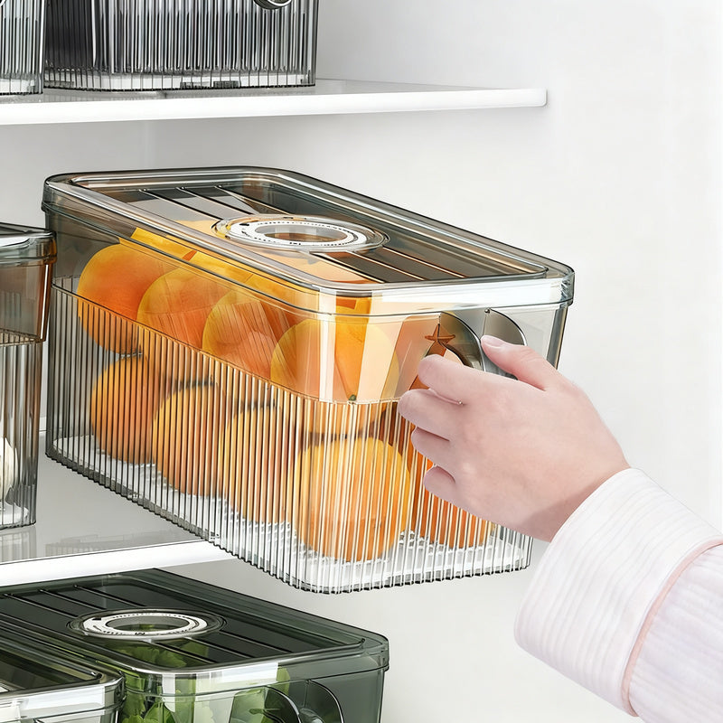 Refrigerator storage container with drain and timer function
