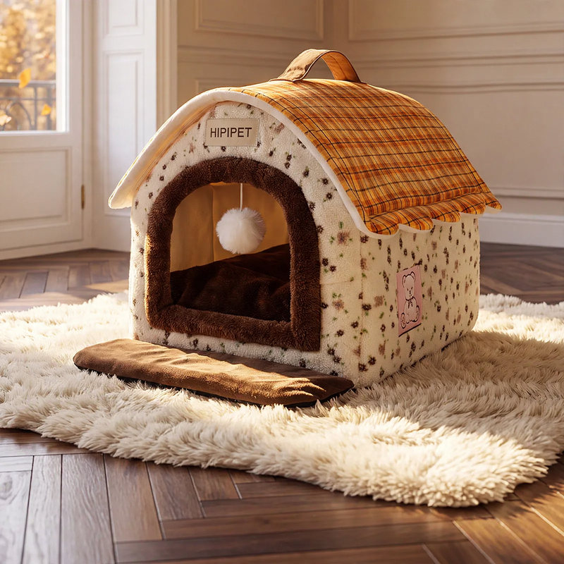 Closed pet house with roof, warm