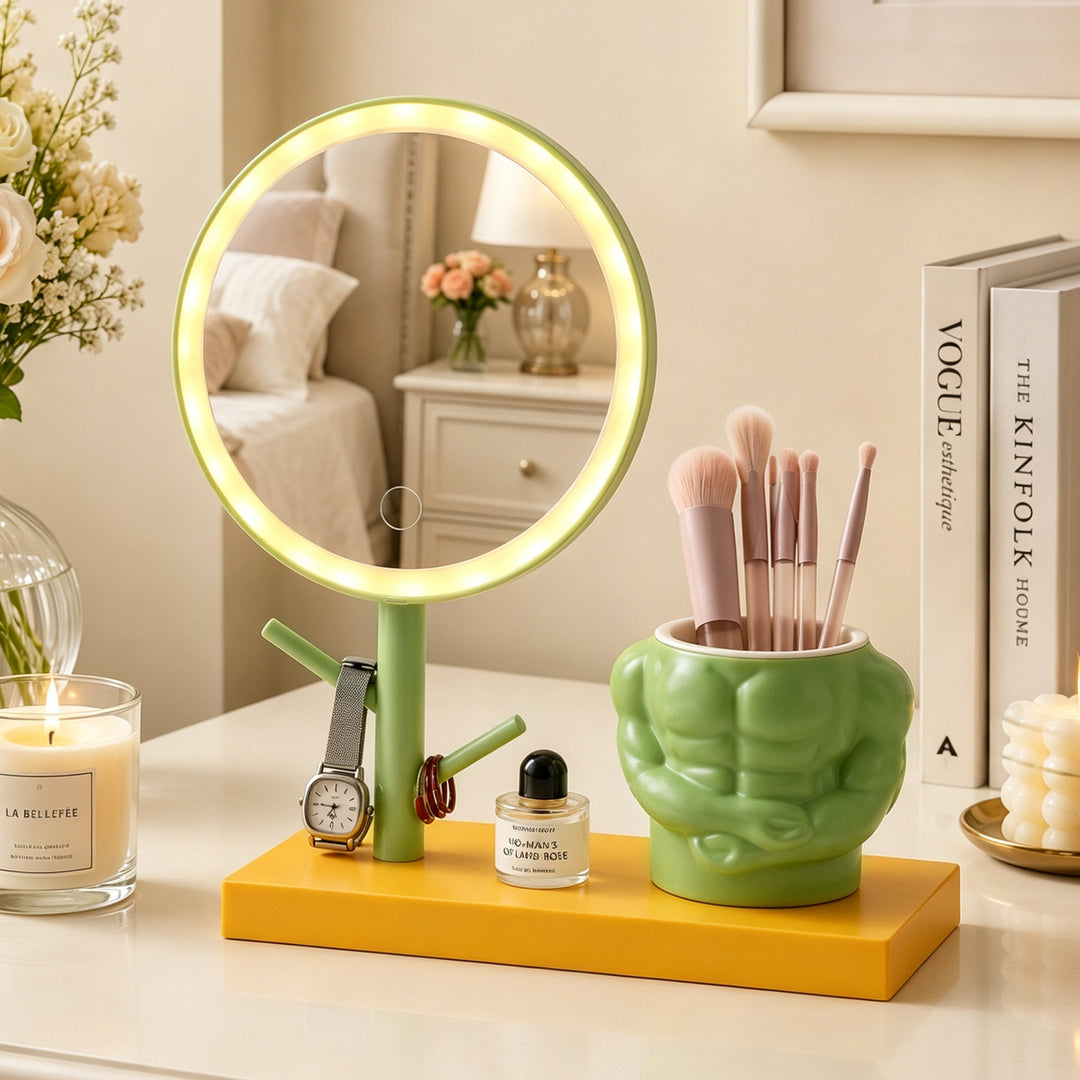 Makeup mirror with LED lighting and shelf