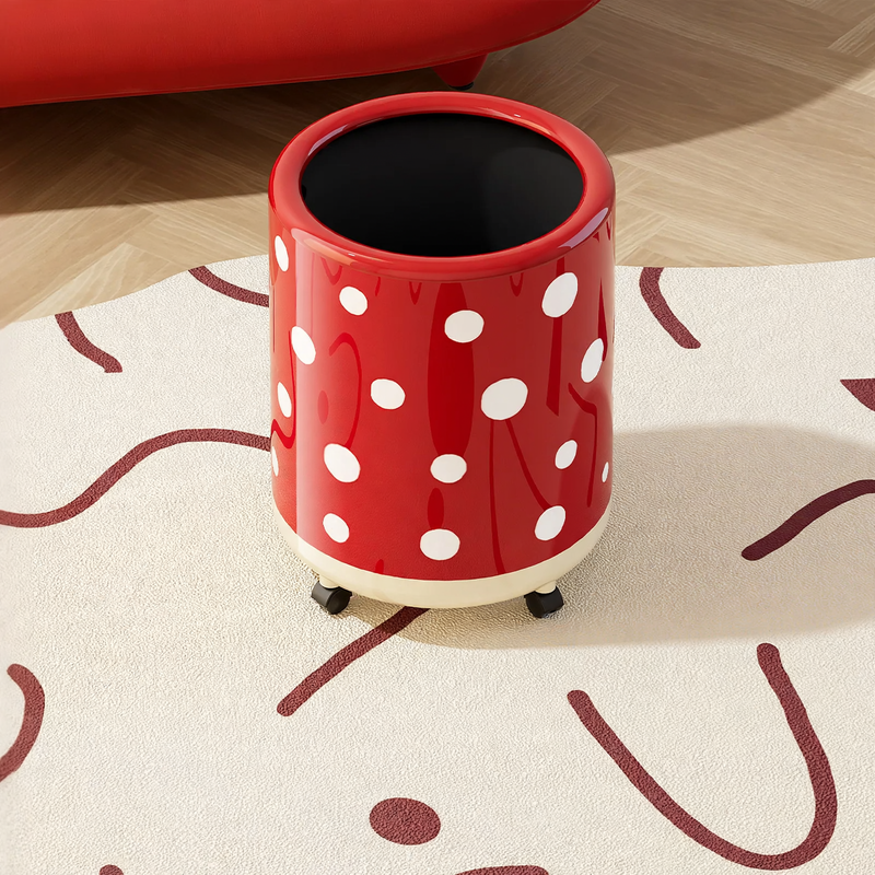 Large trash can with wheels and polka dot design