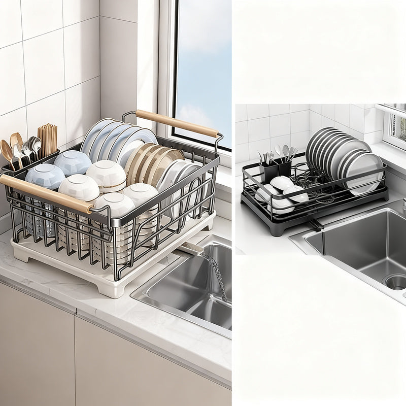 Stainless steel dish rack with draining basket