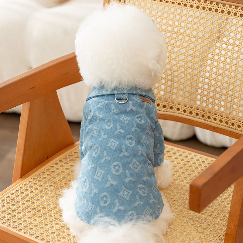 Denim-Dog jacket with leash ring for two front paws