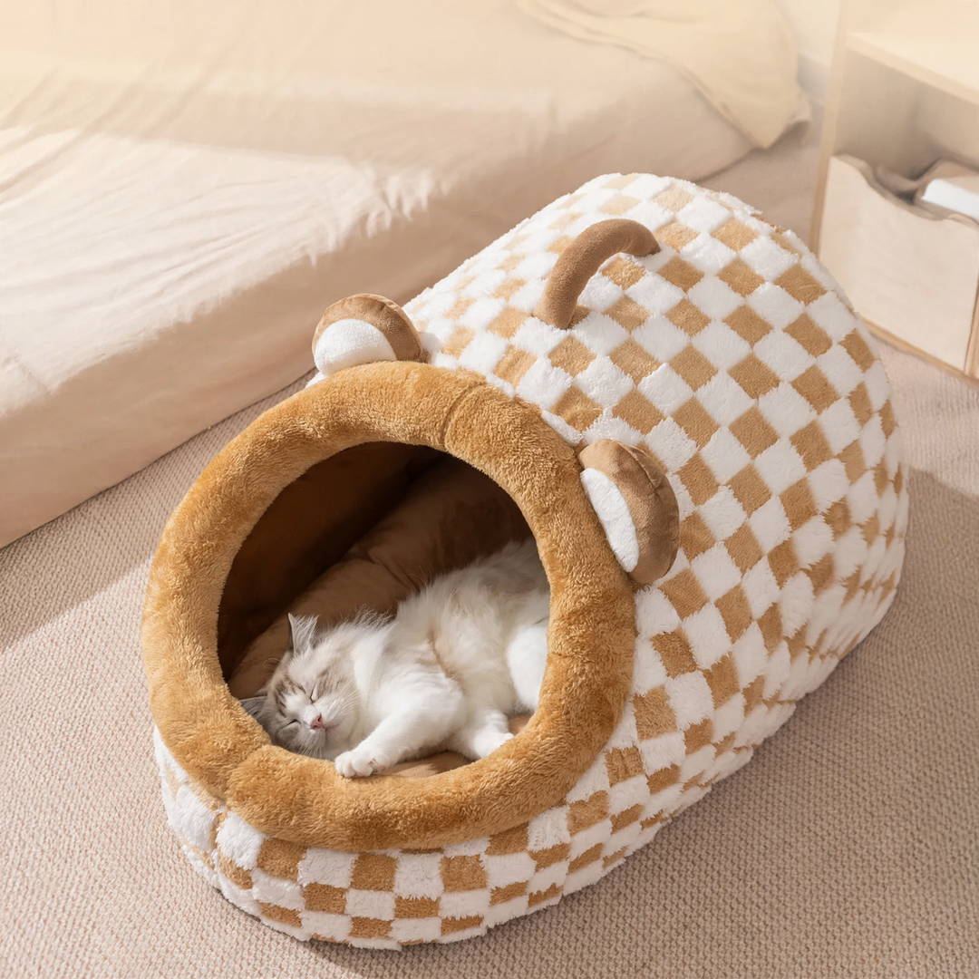 Half-open cat bed with carrying handle, warming