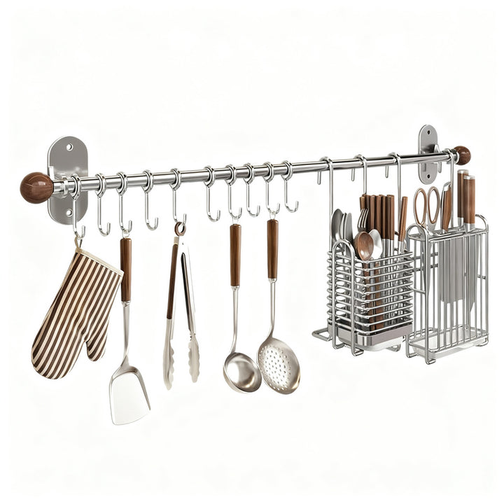 Wall mount made of stainless steel with hooks for kitchen utensils