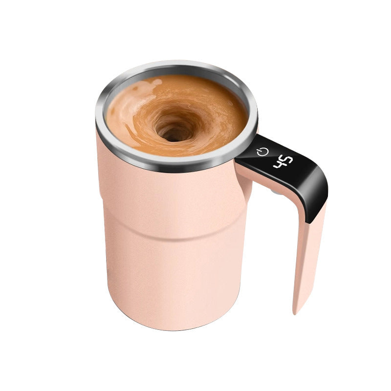 Self-stirring stainless steel coffee mug with temperature display