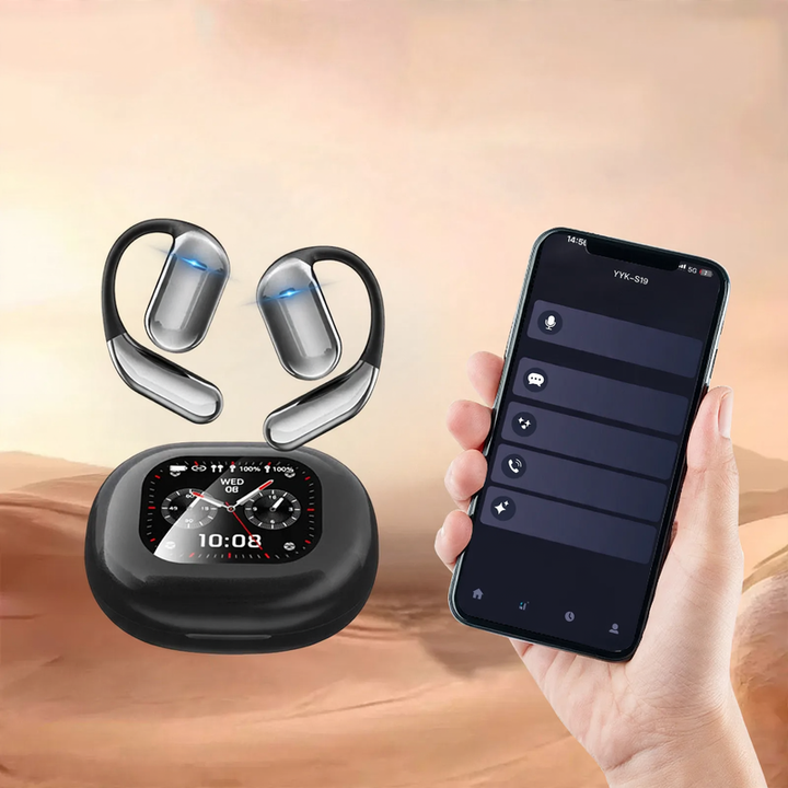 Open wireless earbuds with color touchscreen