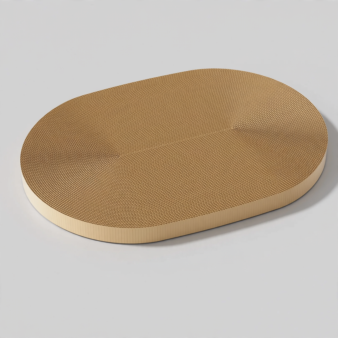 Cat scratching board made of corrugated cardboard with resting bowl