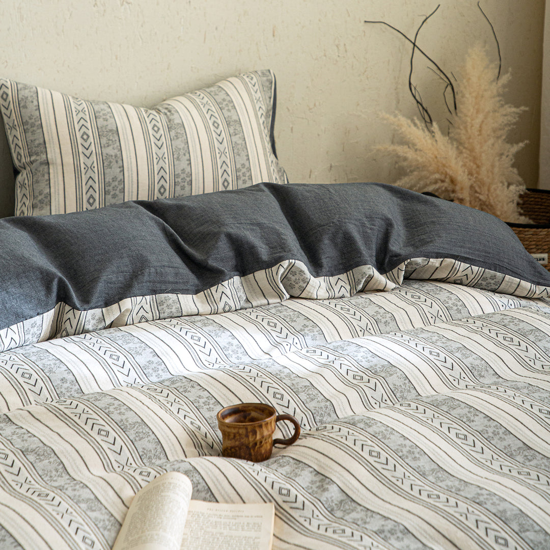 Cotton-linen bedding, 4-piece, striped pattern
