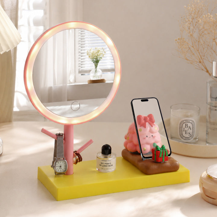 LED makeup mirror with smartphone holder