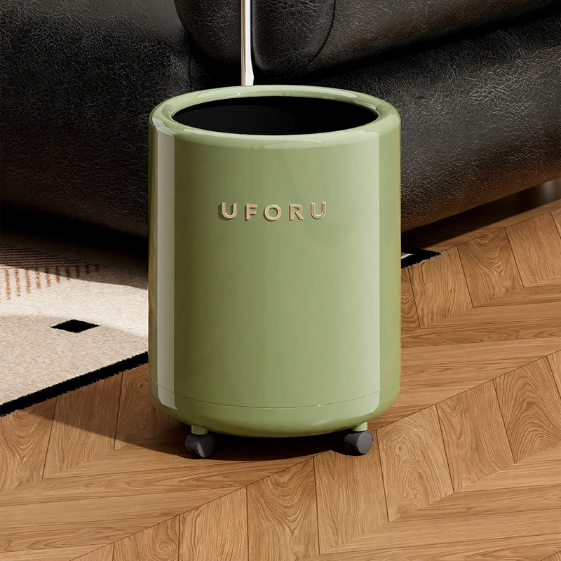 Large trash can with wheels and polka dot design