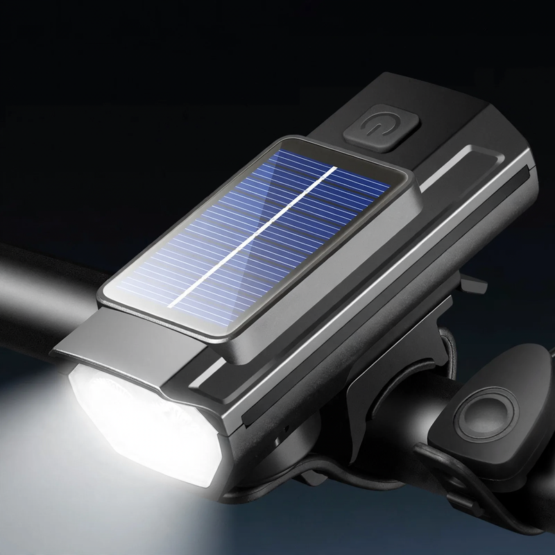 Bicycle light, solar charging, with horn and bell