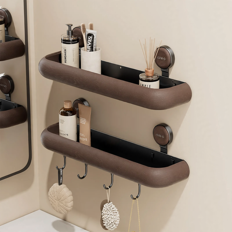 Bathroom wall shelf with suction cup, drainable