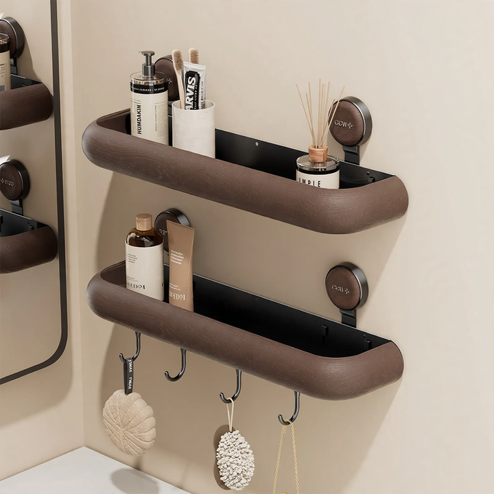 Bathroom wall shelf with suction cup, drainable