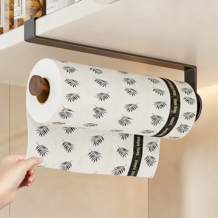 Kitchen roll holder with aluminum and walnut wood