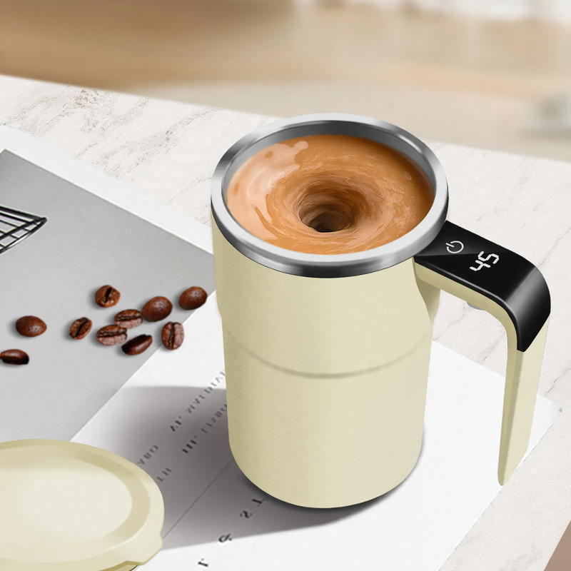 Self-stirring stainless steel coffee mug with temperature display