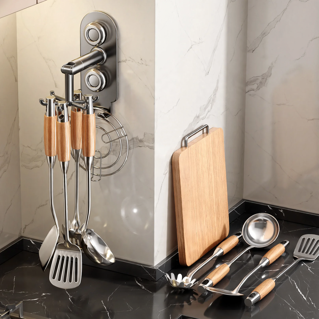 Rotating kitchen organizer, wall-mounted, 6 hooks, stainless steel
