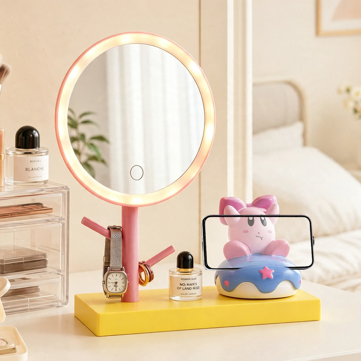 Makeup mirror with LED and phone holder