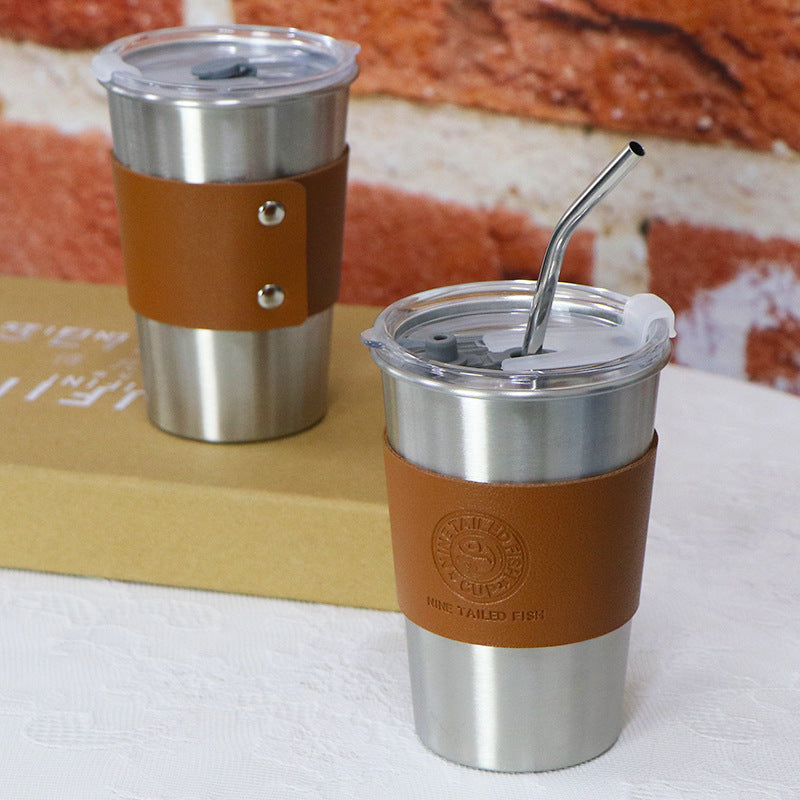 Stainless steel coffee pot with leather handle, 350–500 ml