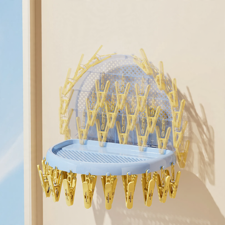 Foldable drying rack with suction cup, 24 clips