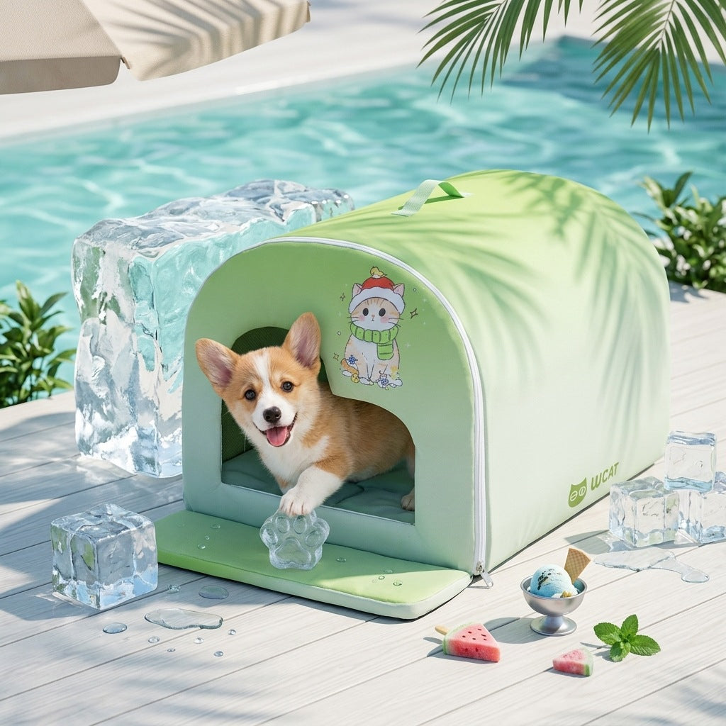 Cooling bed for pets with curtain