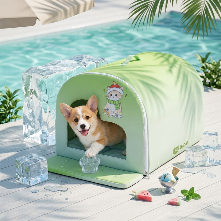 Cooling bed for pets with curtain
