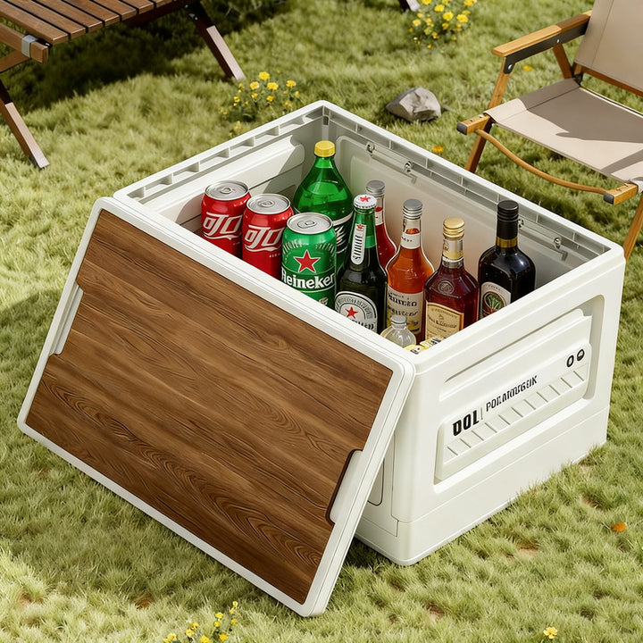 Foldable camping box with wooden lid, 40–50 L