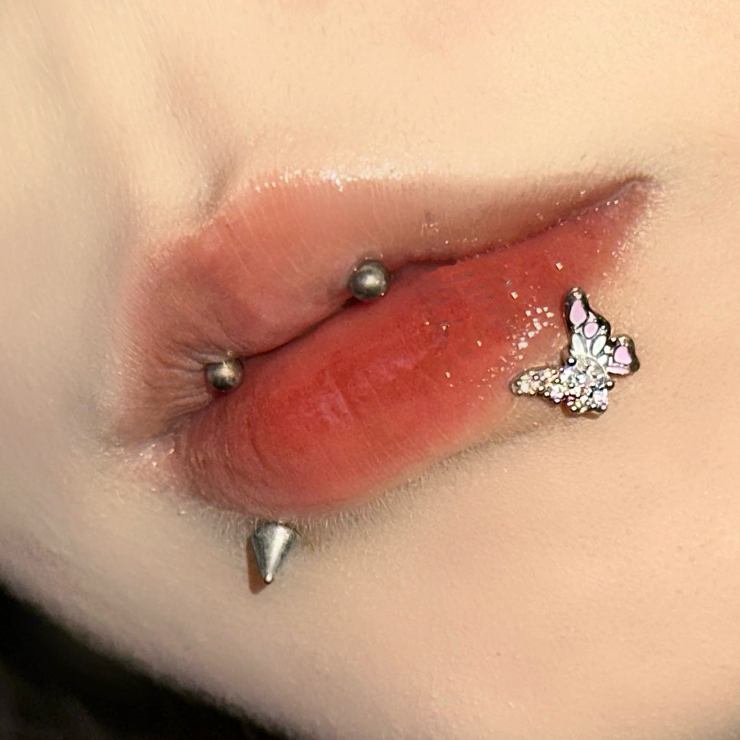 Lip studs stainless steel with rhinestones, various sizes