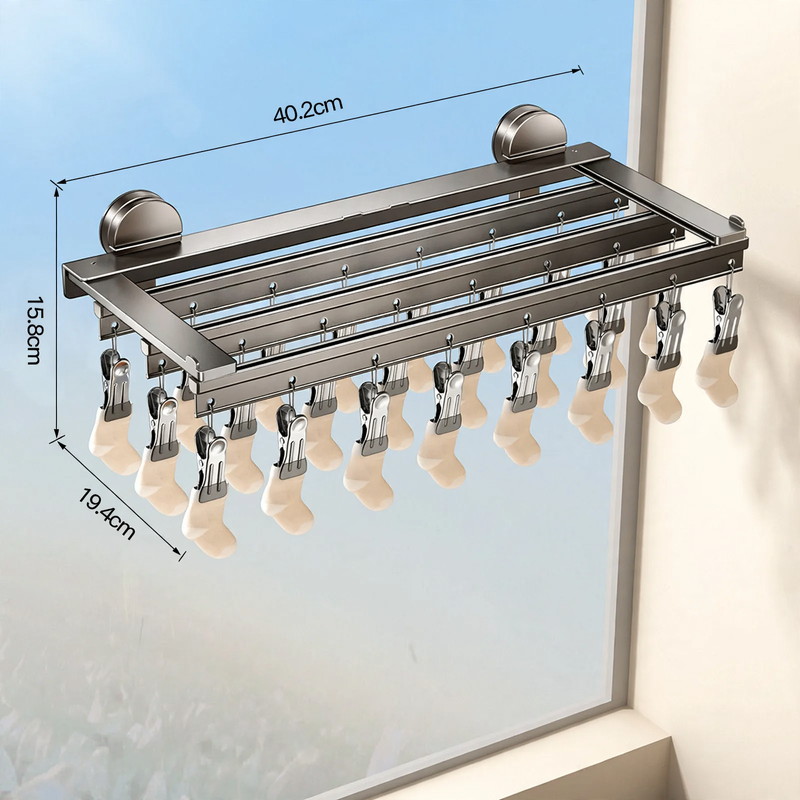 Aluminum drying rack with suction cup and clips