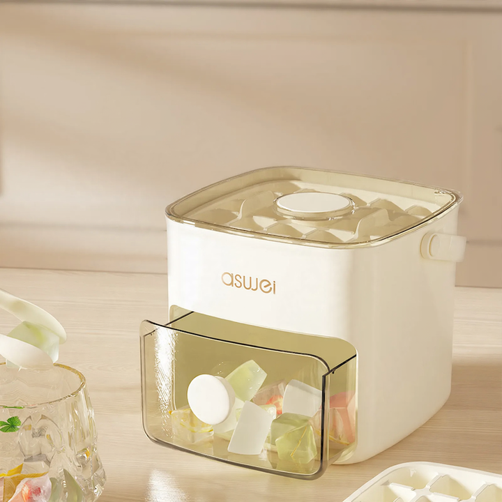 Ice cube tray with press function and storage container