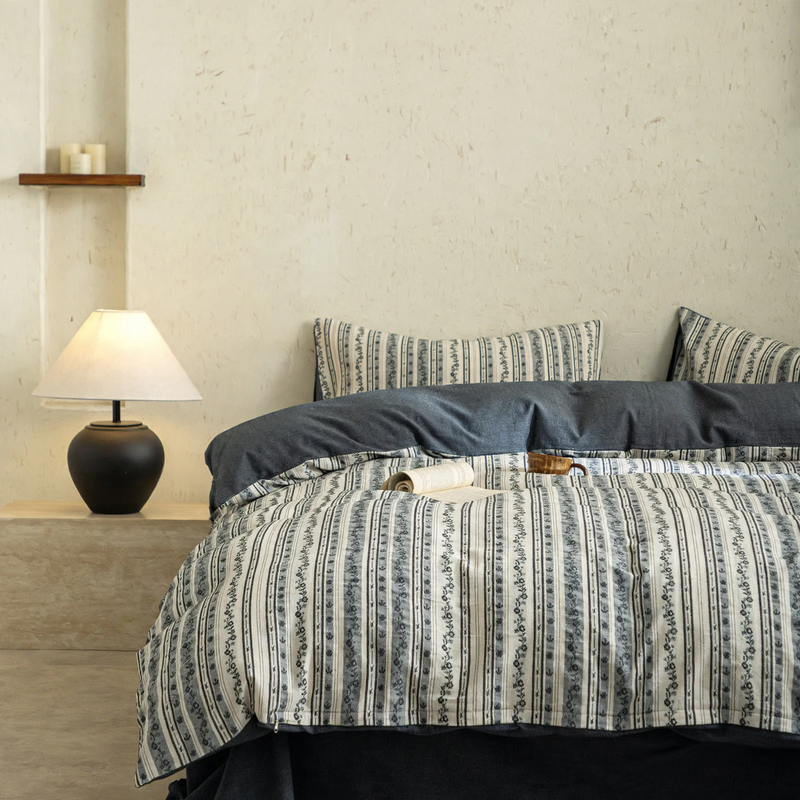 Cotton-linen bedding, 4-piece, striped pattern