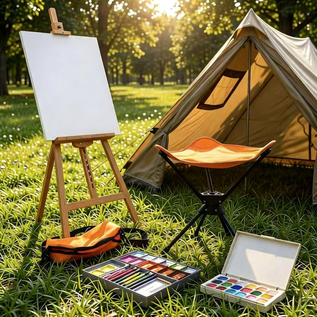 Foldable camping stool, triangular, steel frame