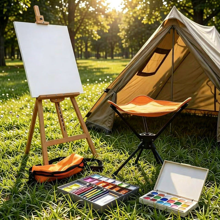 Foldable camping stool, triangular, steel frame