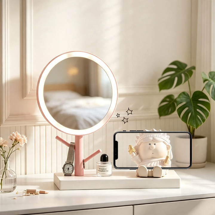 LED cosmetic mirror with phone holder