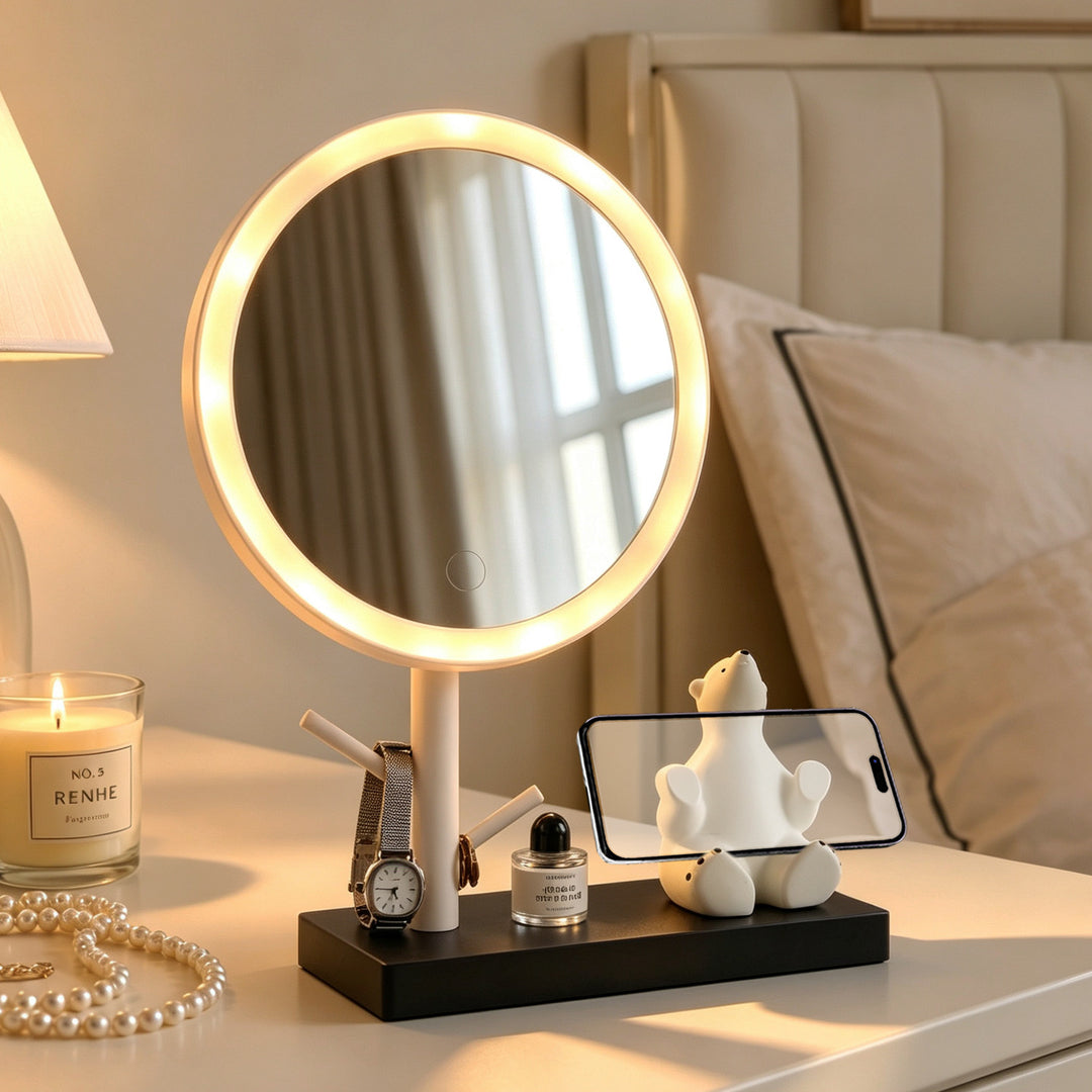 LED cosmetics mirror with phone holder and jewelry holder