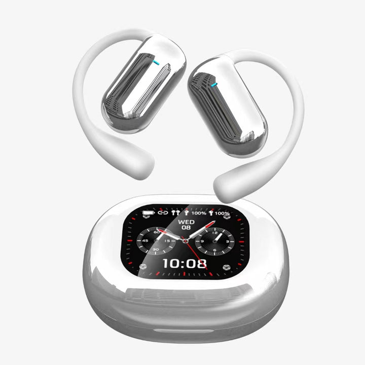 Bluetooth earbuds, open, color touchscreen