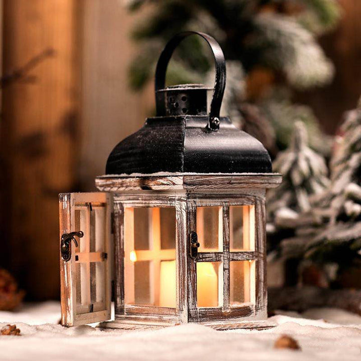 Wood lantern with metal frame, handcrafted