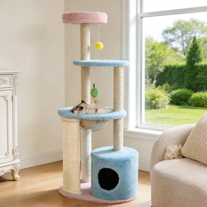 Cat climbing tree with scratching board and cave