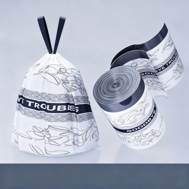 Trash bags with drawstring and handles