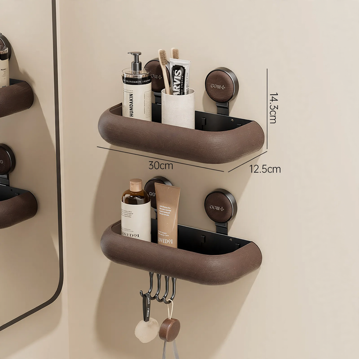 Bathroom wall shelf with suction cup, drainable