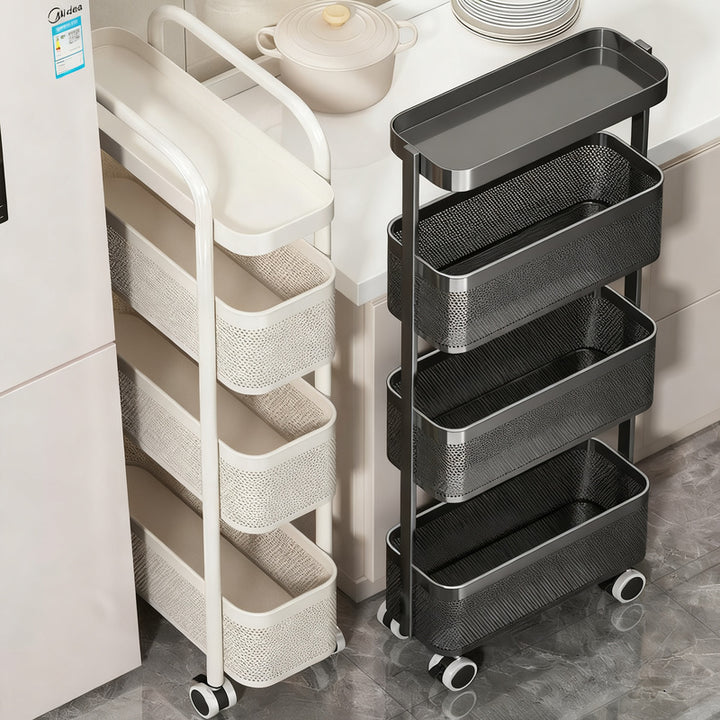 Narrow shelf made of carbon steel, 4 levels, movable