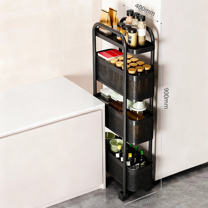 Narrow shelf made of carbon steel, 4 levels, movable