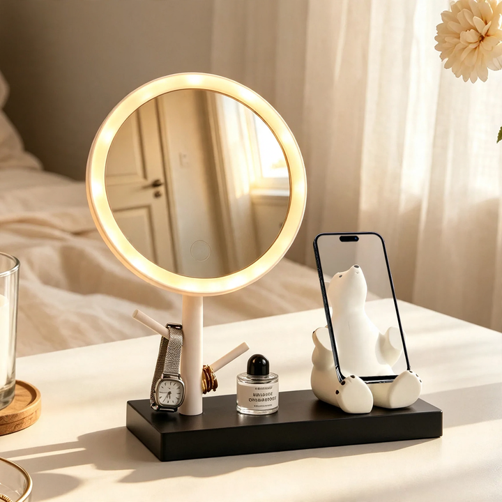 LED cosmetics mirror with phone holder and jewelry holder