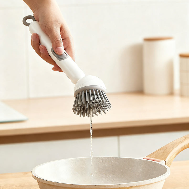 Pot brush with long handle and liquid dispenser
