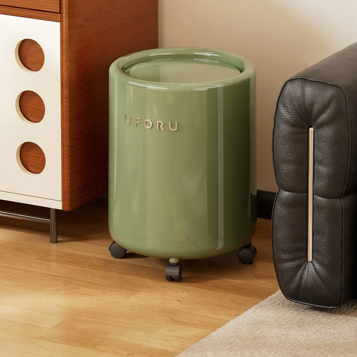 Large trash can with wheels and polka dot design