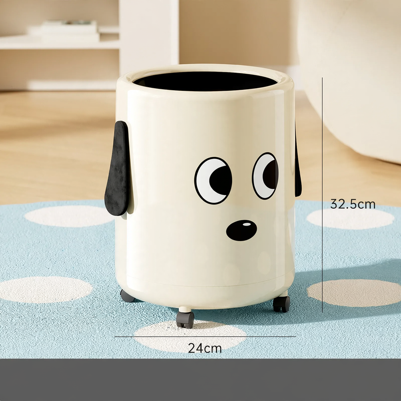Large trash can with wheels and polka dot design